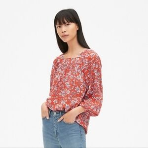 GAP Blouson Red Floral Square Neck Peasant Blouse Size Small